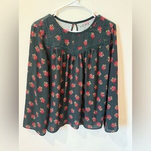 LOFT Green Ruffled Long Sleeve Blouse with Peter Pan Collar